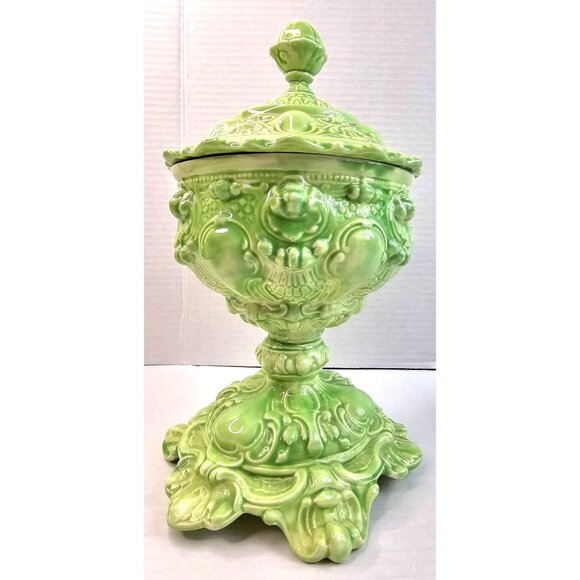Ornate Vtg Green Ceramic Hand Crafted Pedestal Victorian Candy Jar Farmhouse - Picture 2 of 13